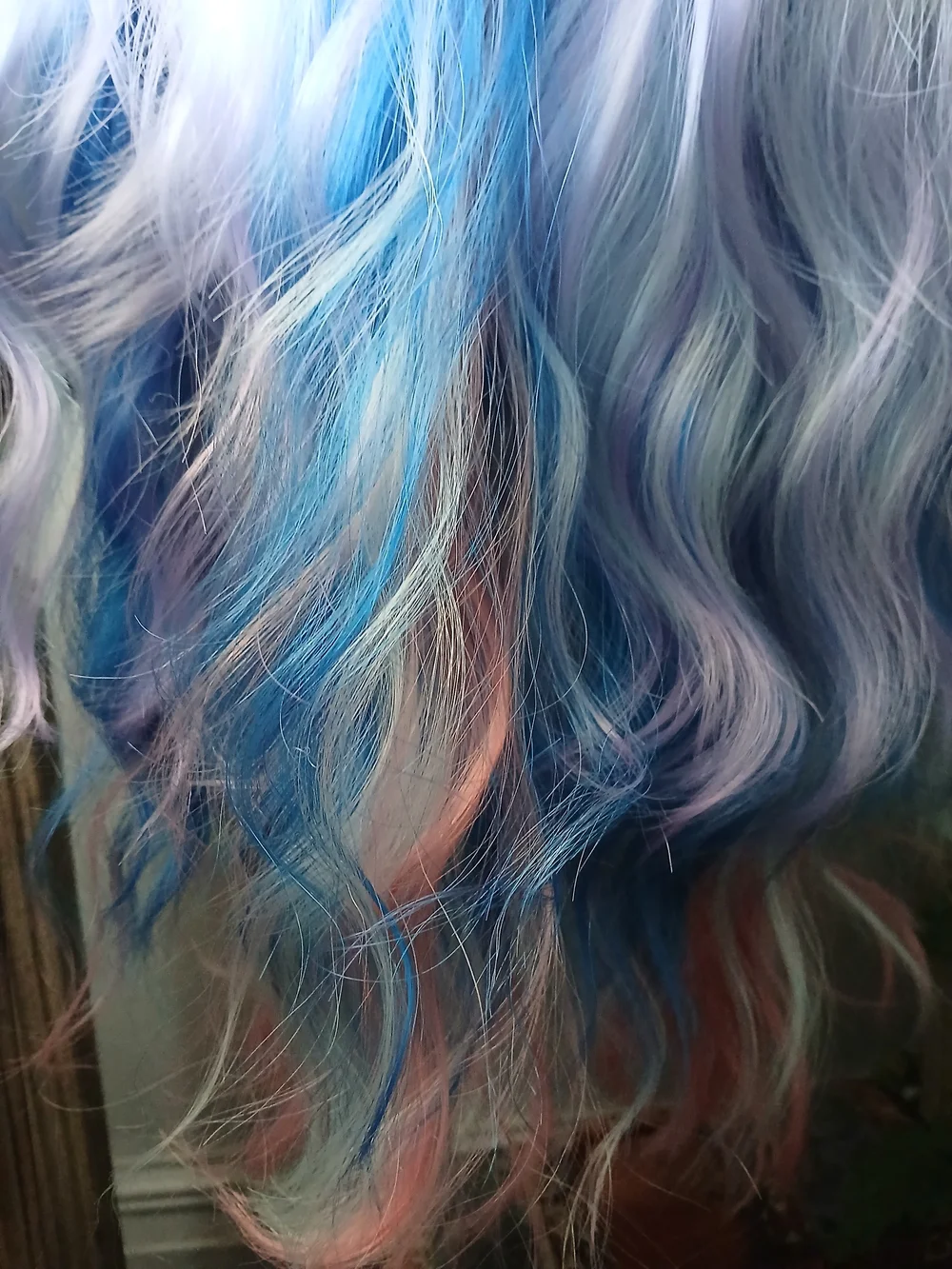 Long Pastel Lavender Wig with Pink and Blue Highlights - Women's Wavy Style